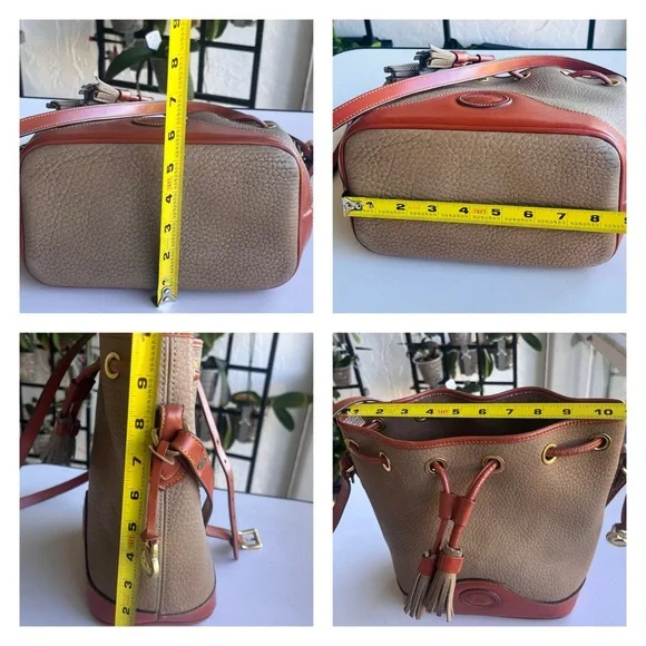 VINTAGE DOONEY AND BOURKE CROSSBODY BUCKET SAND AND TAN TRIM DRAWSTRING - Picture 14 of 15